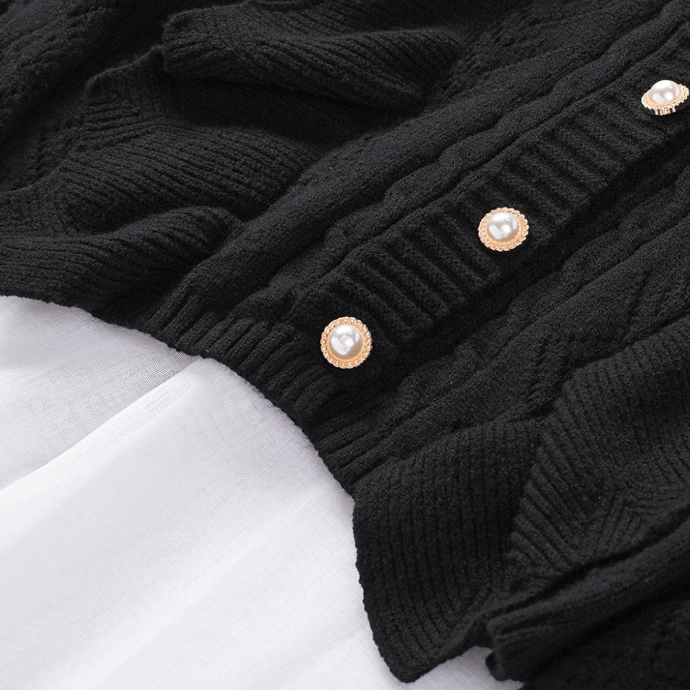 Black Ruffled Buttoned Open Front Knitted Sweater - Picture 11 of 16